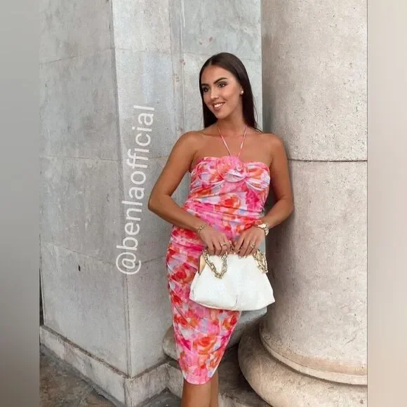 ZARA PRINTED TULLE MIDI DRESS PINK FLORAL - Picture 11 of 17